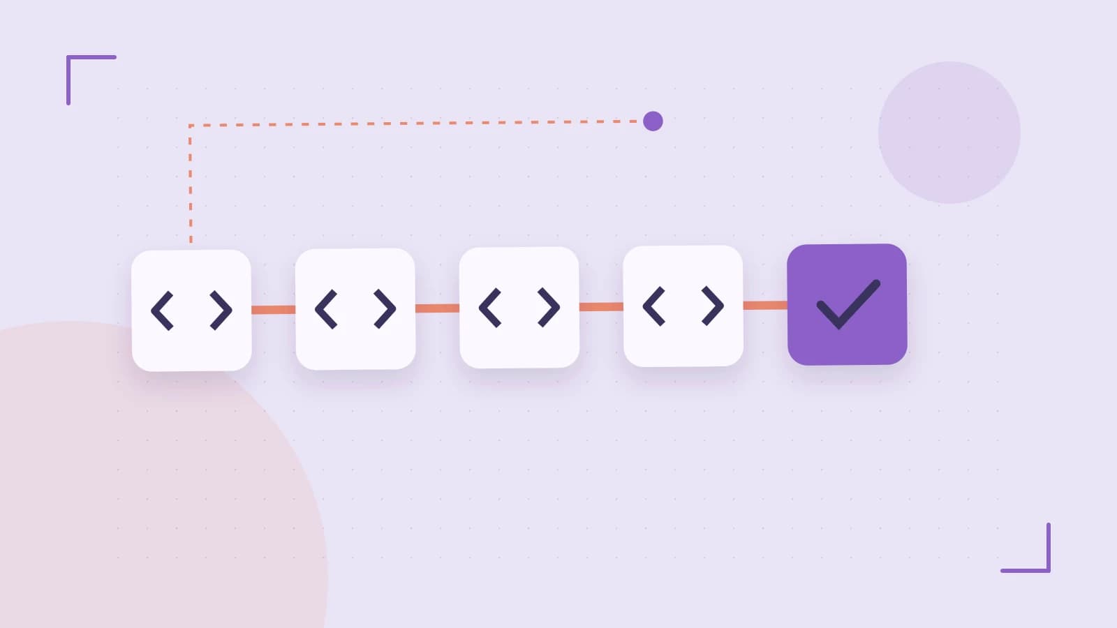Editorial illustration of a branching build pipeline, staged transformations and a completed check