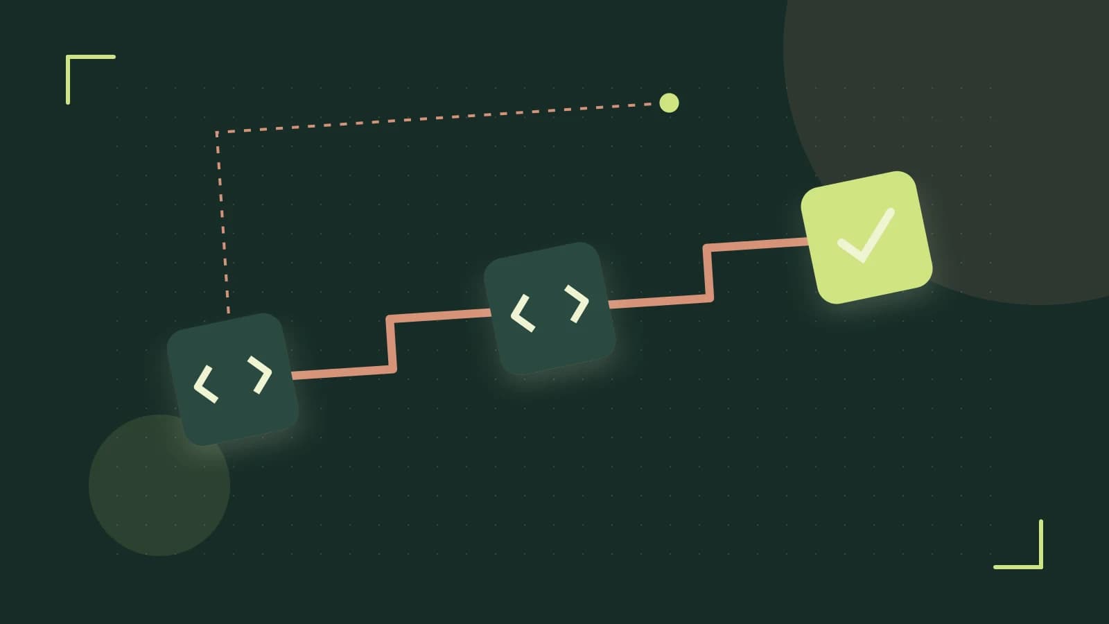 Editorial illustration of a branching build pipeline, staged transformations and a completed check