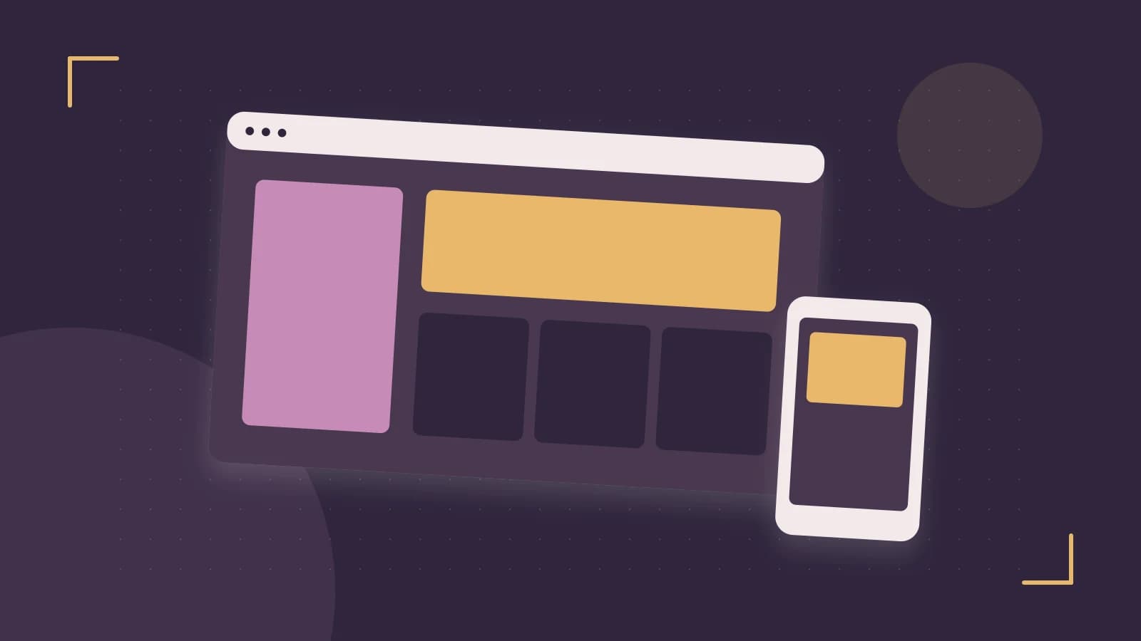 Editorial illustration of responsive browser layouts, overlapping design components and a color system