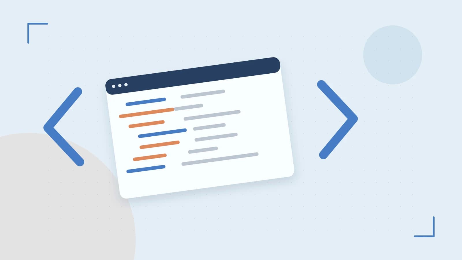 Editorial illustration of an abstract code editor, syntax blocks and oversized programming brackets