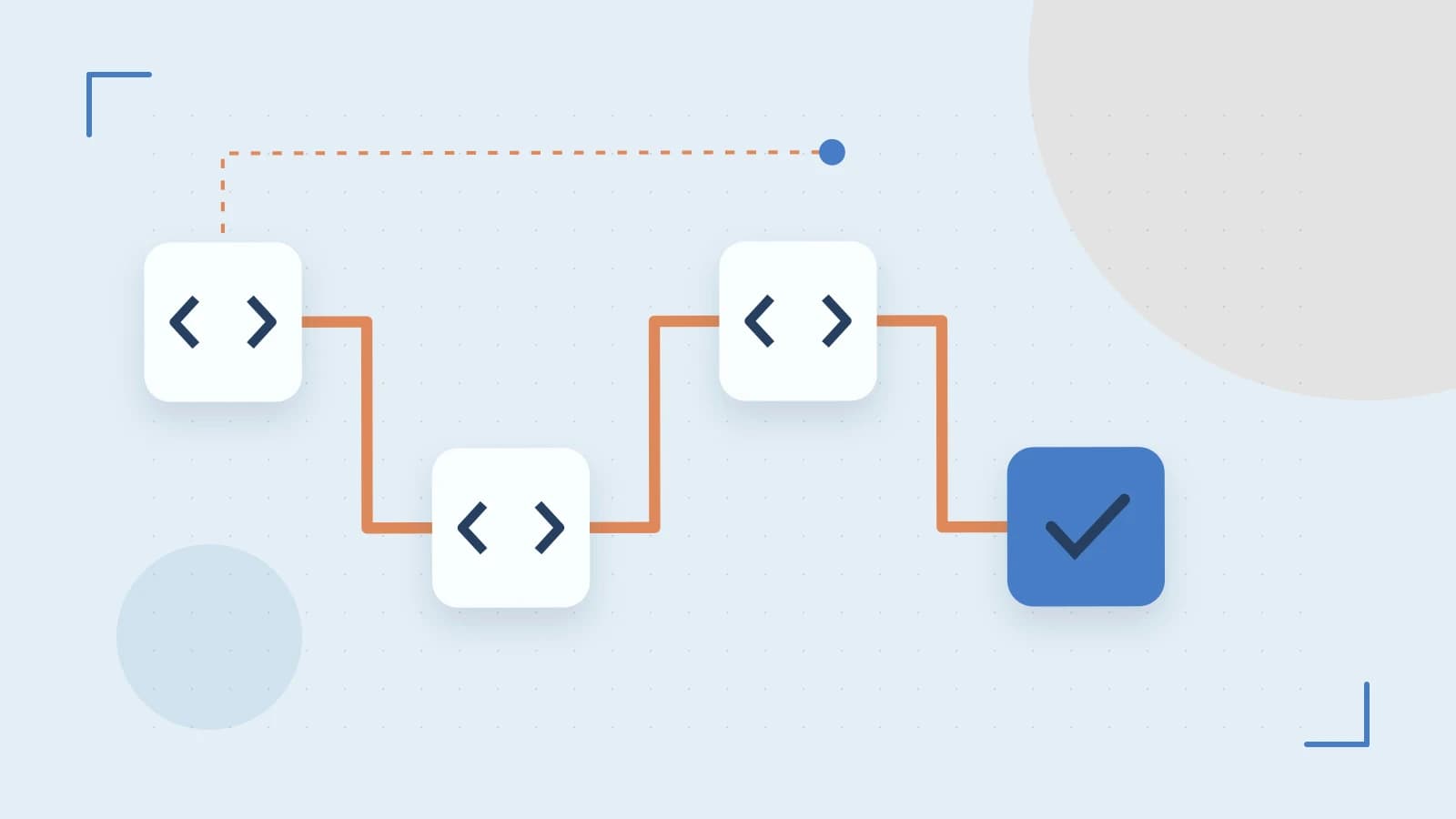Editorial illustration of a branching build pipeline, staged transformations and a completed check