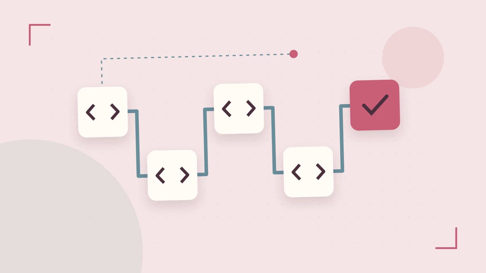 Editorial illustration of a branching build pipeline, staged transformations and a completed check