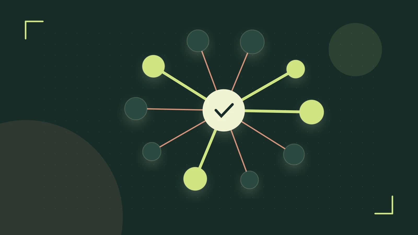 Editorial illustration of an algorithmic node graph with branching paths and a highlighted result