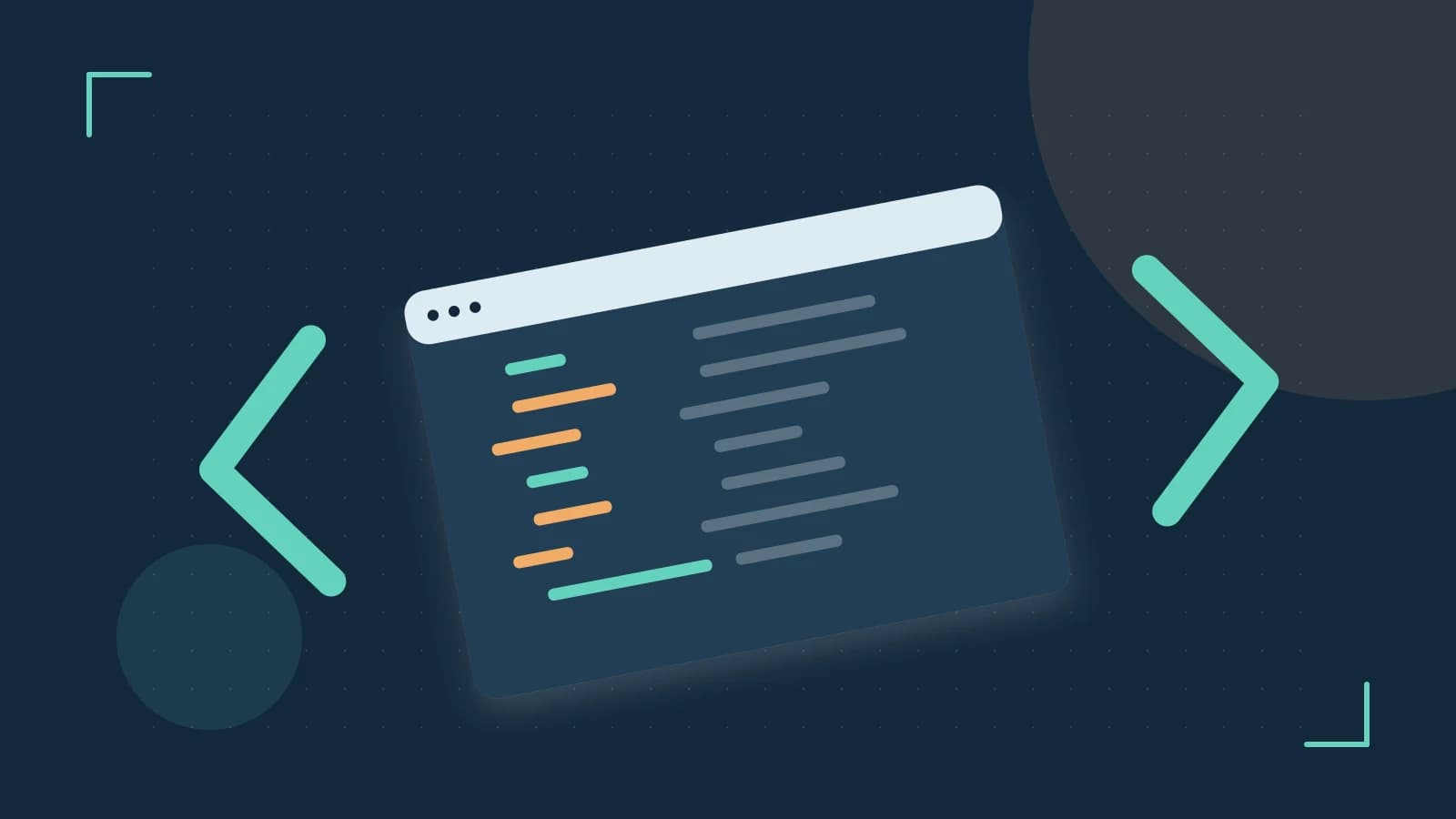 Editorial illustration of an abstract code editor, syntax blocks and oversized programming brackets