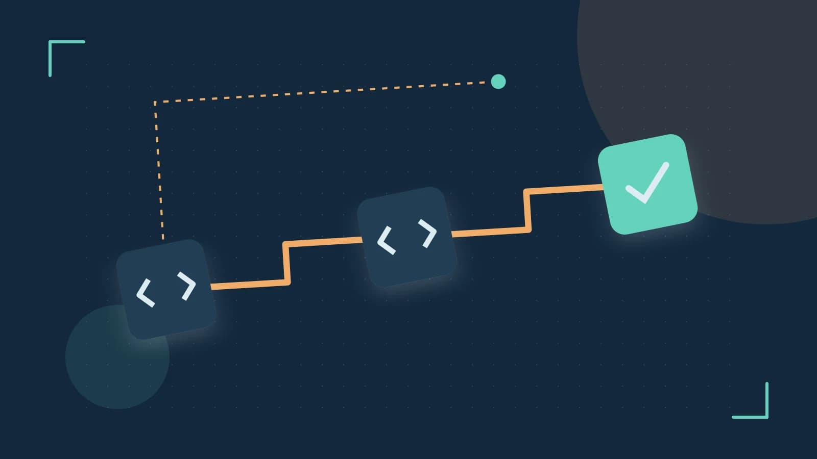 Editorial illustration of a branching build pipeline, staged transformations and a completed check