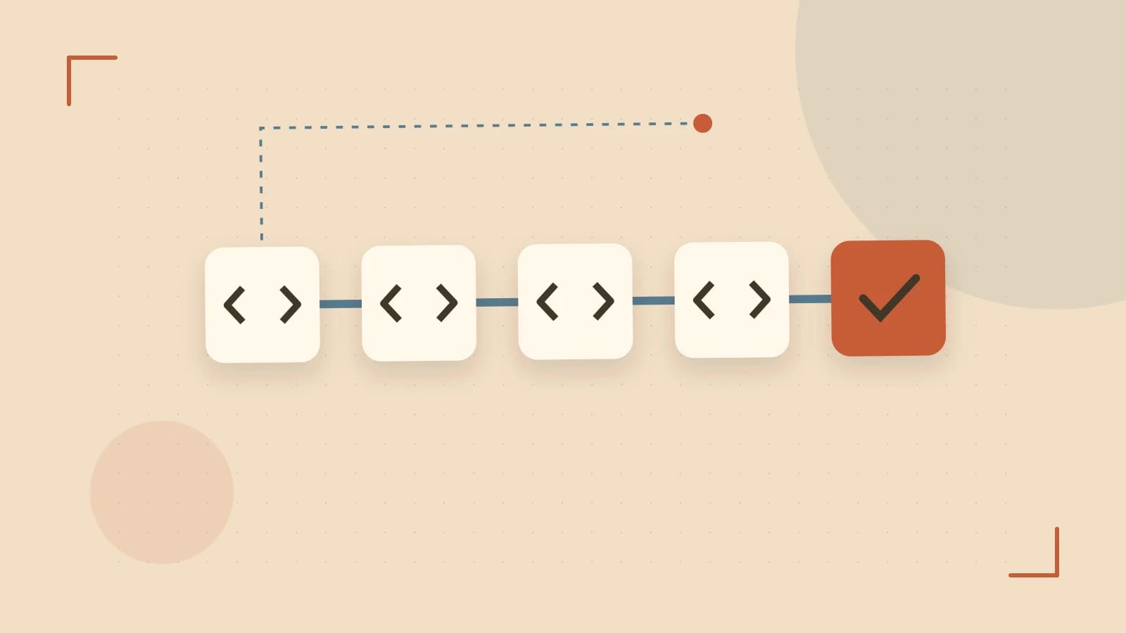 Editorial illustration of a branching build pipeline, staged transformations and a completed check