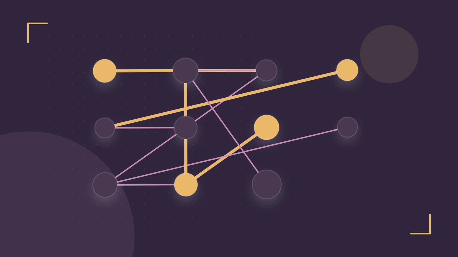 Editorial illustration of an algorithmic node graph with branching paths and a highlighted result