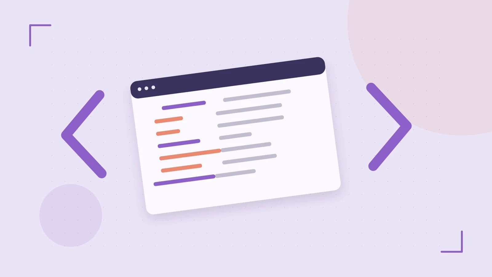 Editorial illustration of an abstract code editor, syntax blocks and oversized programming brackets
