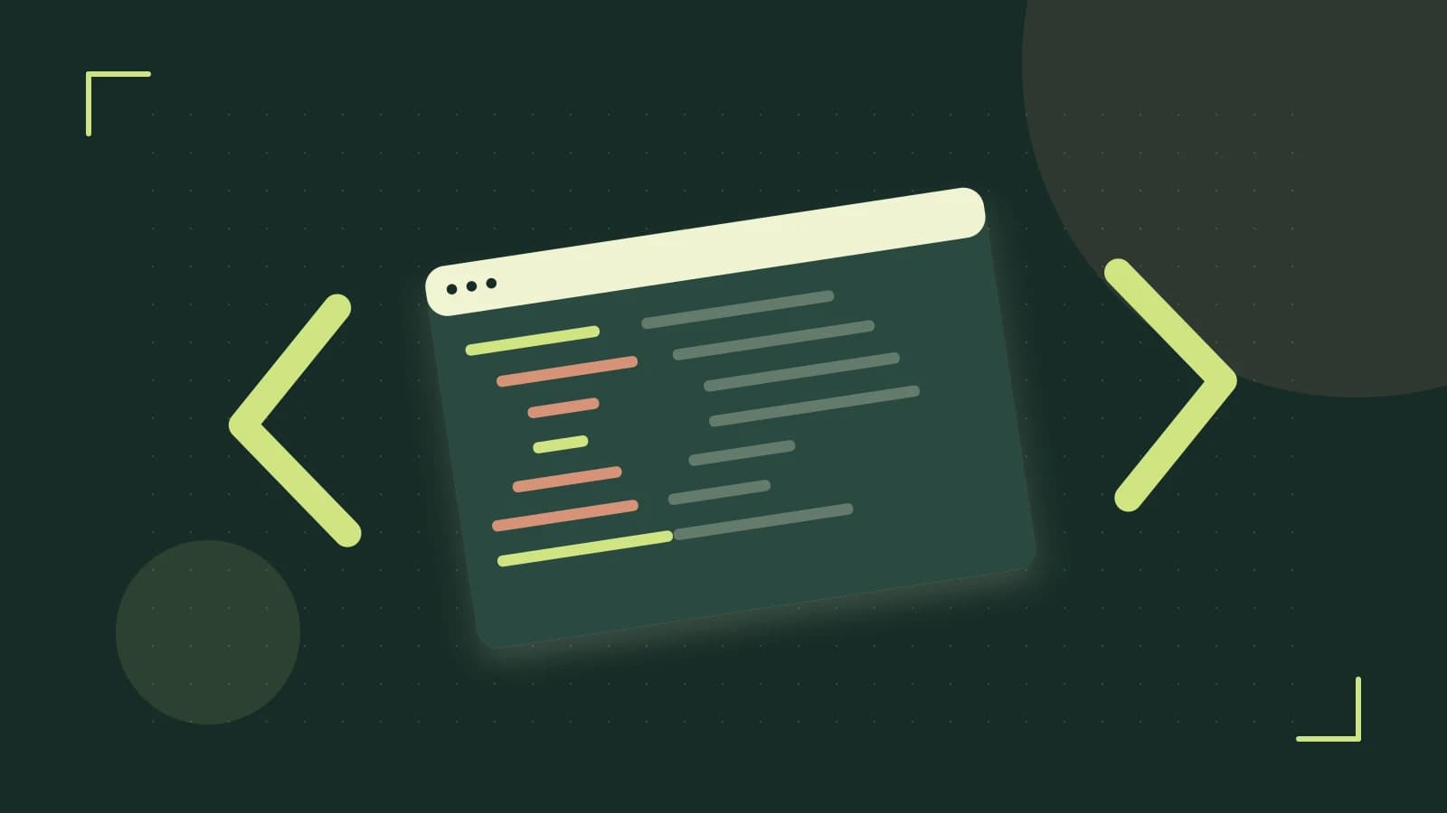 Editorial illustration of an abstract code editor, syntax blocks and oversized programming brackets