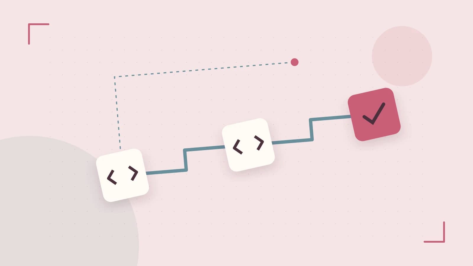 Editorial illustration of a branching build pipeline, staged transformations and a completed check