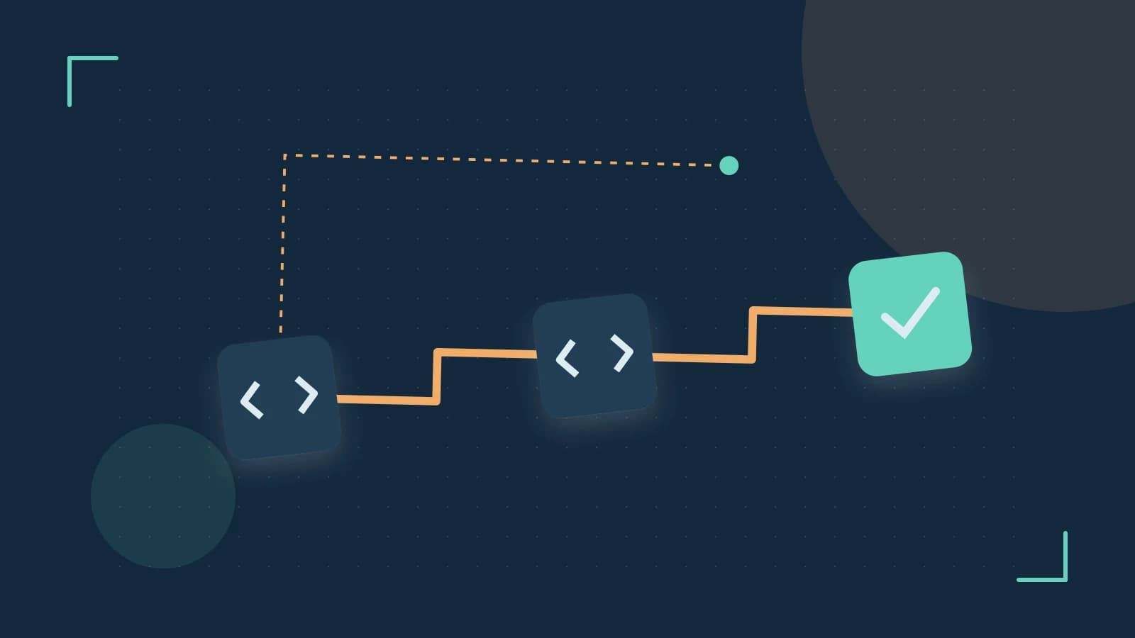 Editorial illustration of a branching build pipeline, staged transformations and a completed check