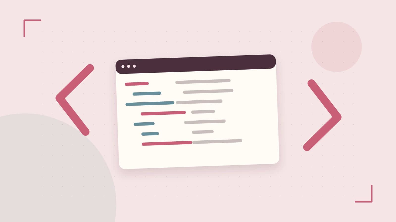 Editorial illustration of an abstract code editor, syntax blocks and oversized programming brackets