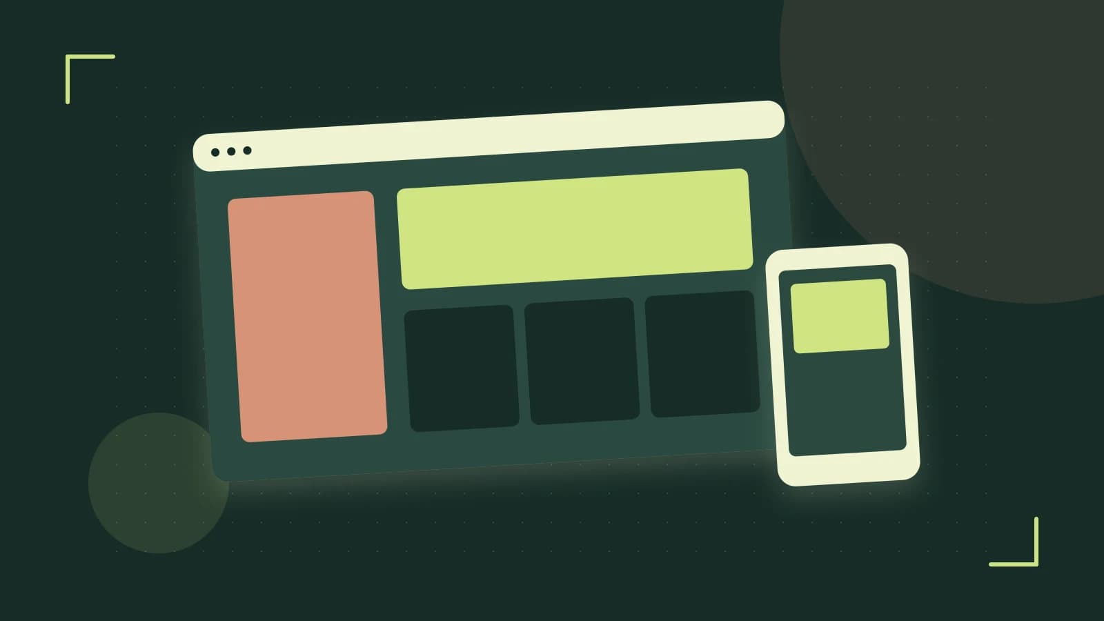 Editorial illustration of responsive browser layouts, overlapping design components and a color system