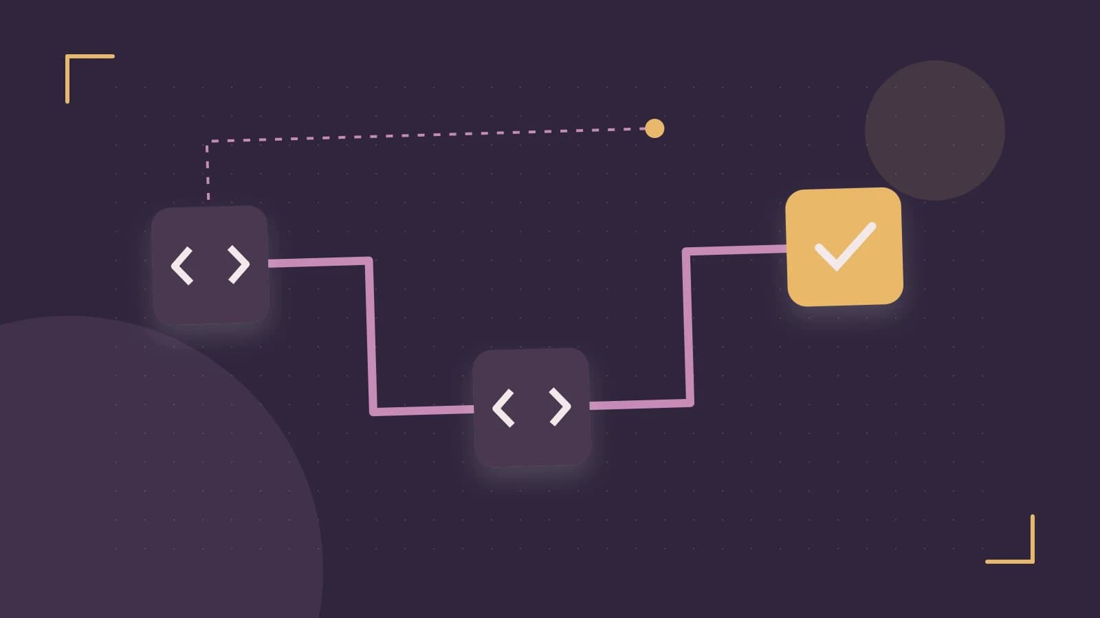 Editorial illustration of a branching build pipeline, staged transformations and a completed check