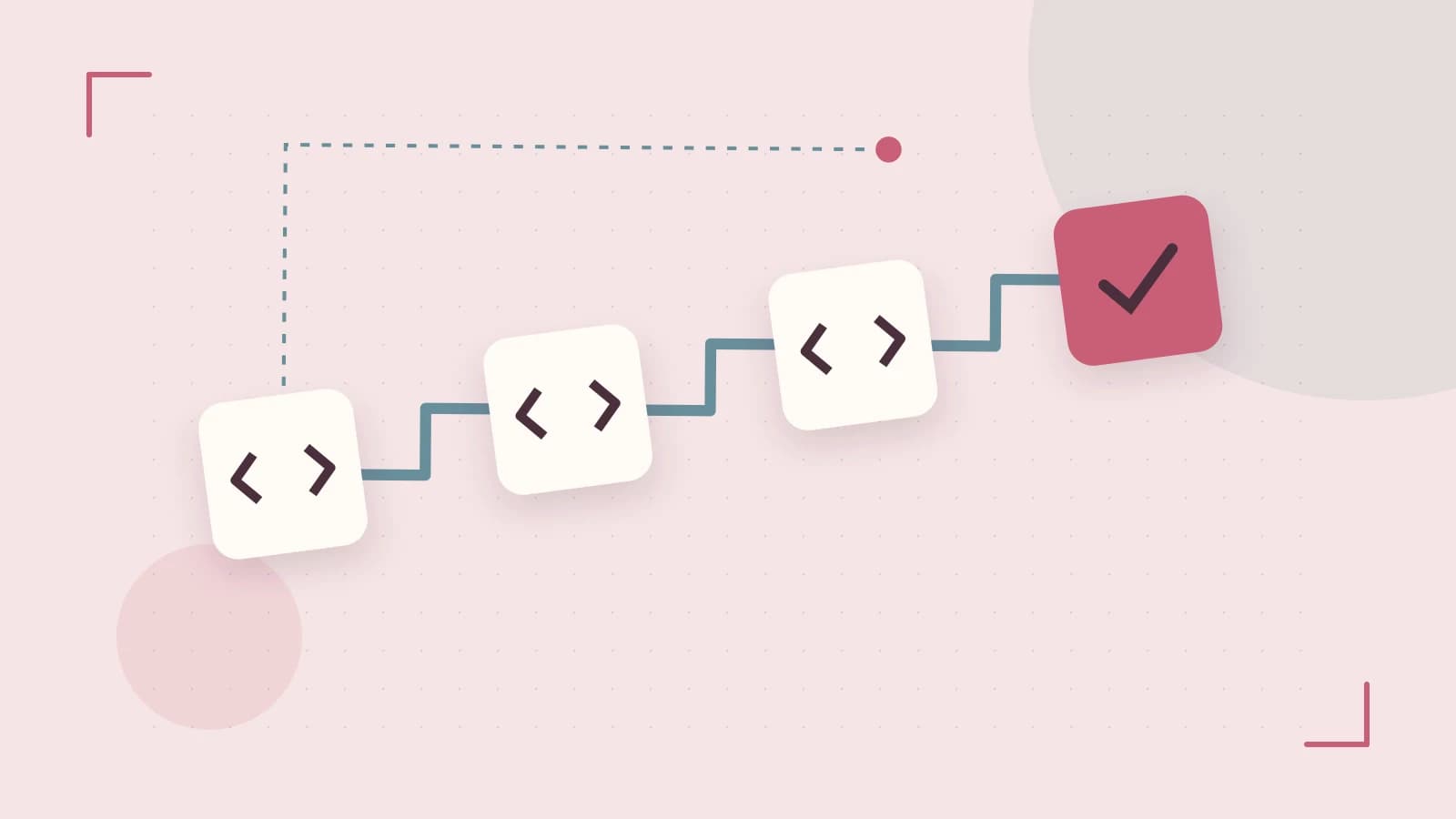 Editorial illustration of a branching build pipeline, staged transformations and a completed check