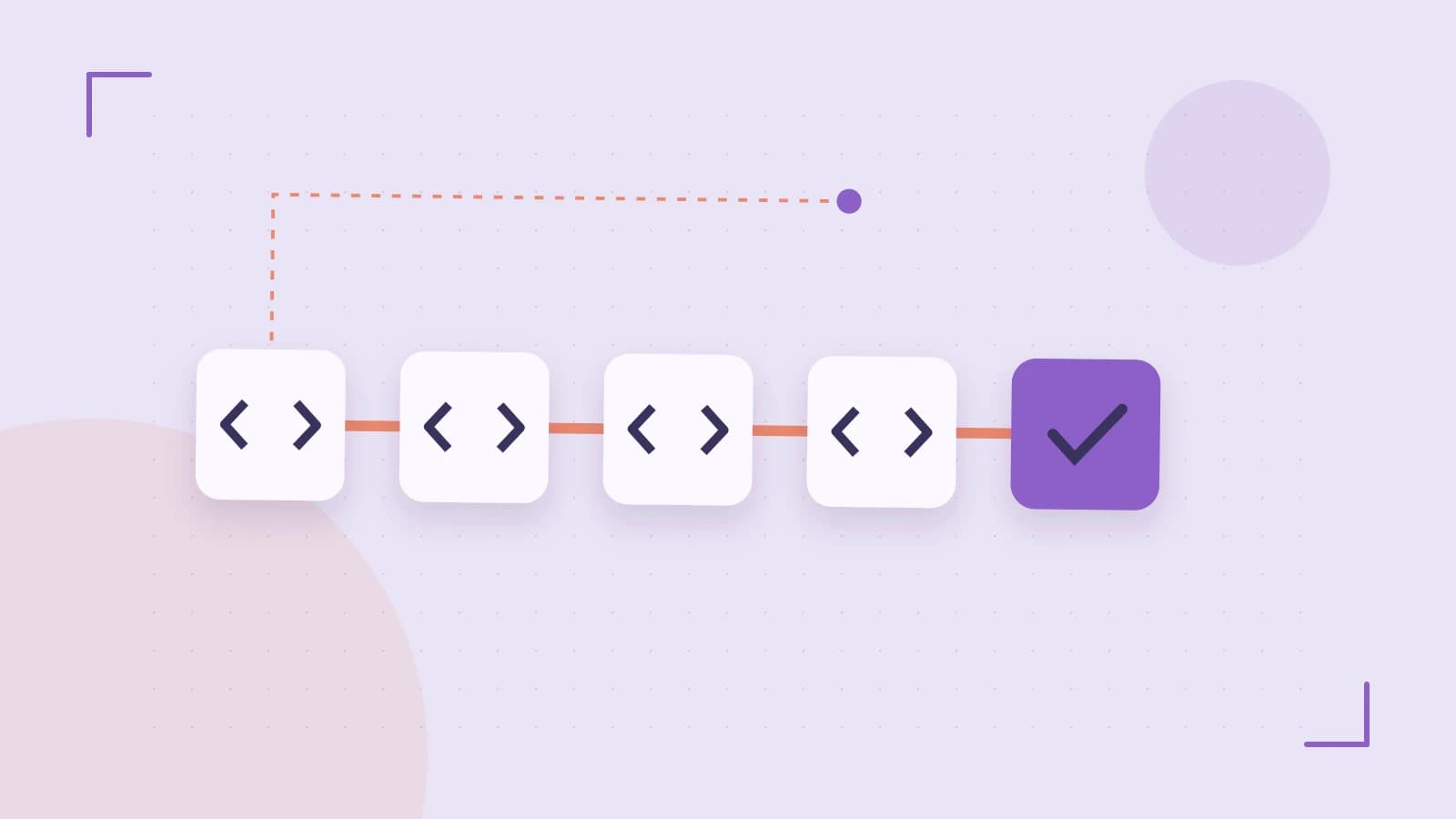 Editorial illustration of a branching build pipeline, staged transformations and a completed check