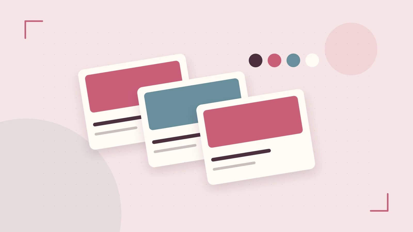 Editorial illustration of responsive browser layouts, overlapping design components and a color system
