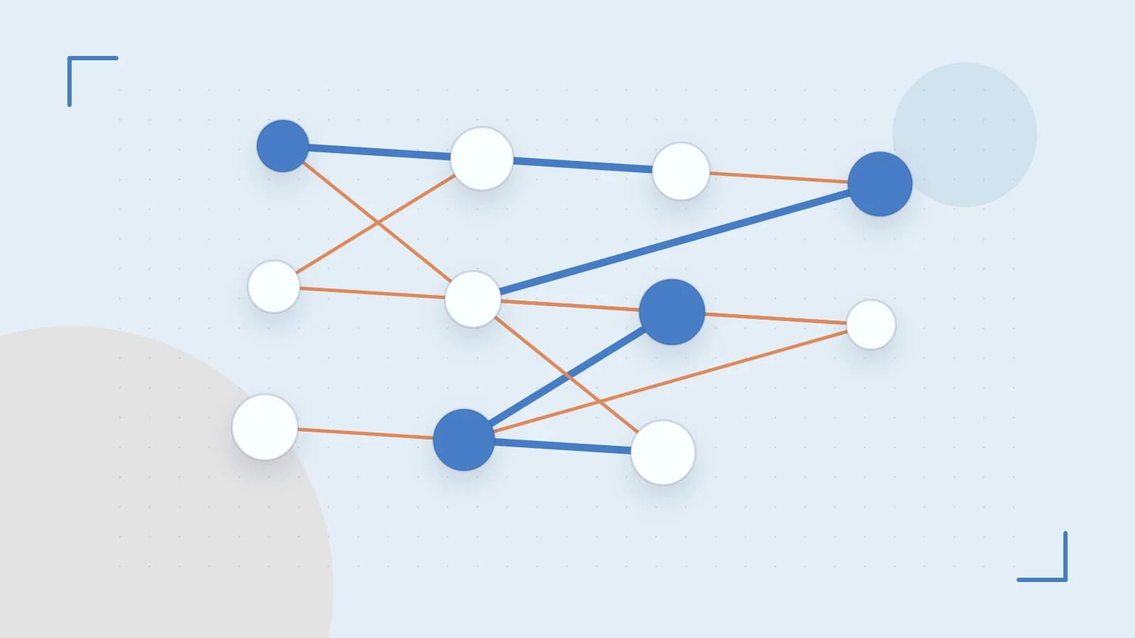 Editorial illustration of an algorithmic node graph with branching paths and a highlighted result