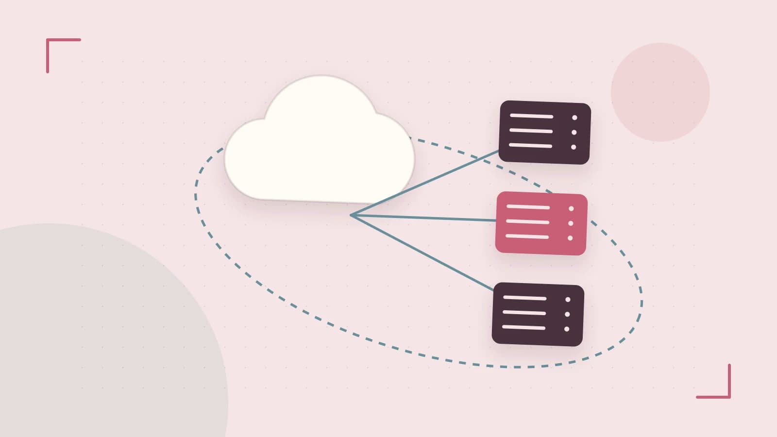 Editorial illustration of cloud infrastructure, connected server racks and an orbital service map