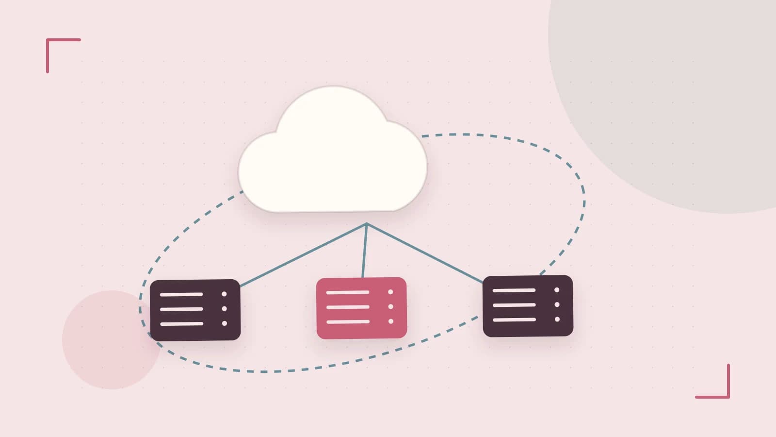 Editorial illustration of cloud infrastructure, connected server racks and an orbital service map