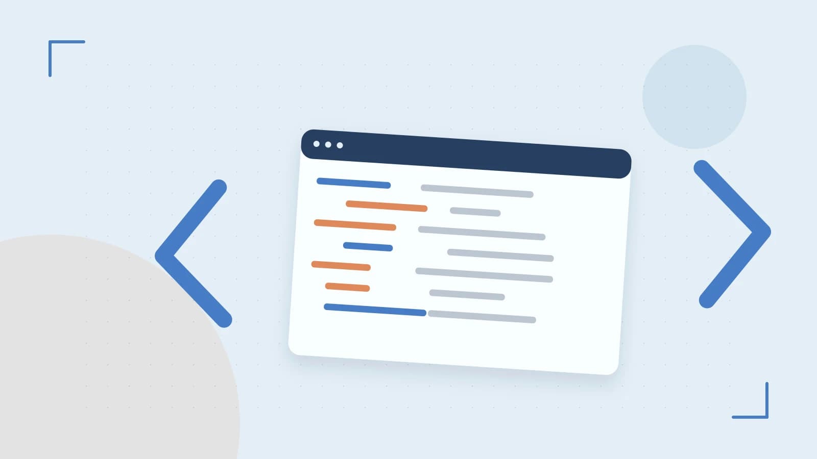 Editorial illustration of an abstract code editor, syntax blocks and oversized programming brackets