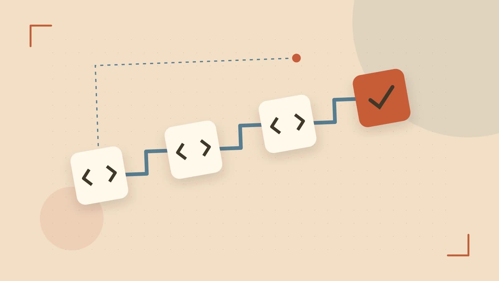 Editorial illustration of a branching build pipeline, staged transformations and a completed check
