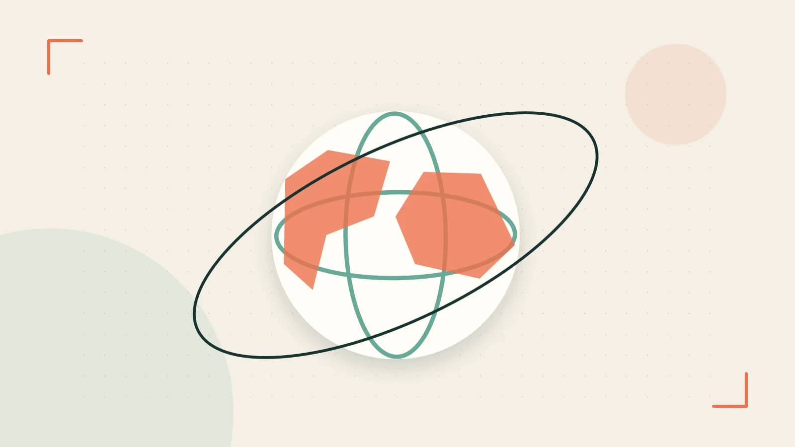 Editorial illustration of an editorial globe with meridians and layered geographic shapes