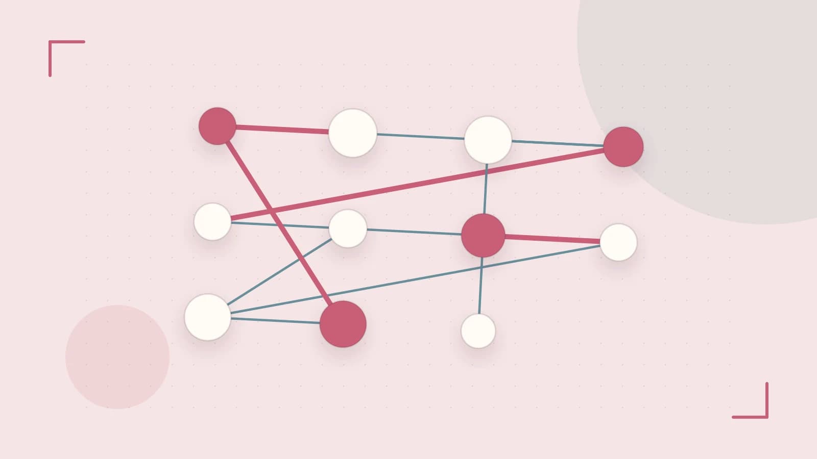 Editorial illustration of an algorithmic node graph with branching paths and a highlighted result