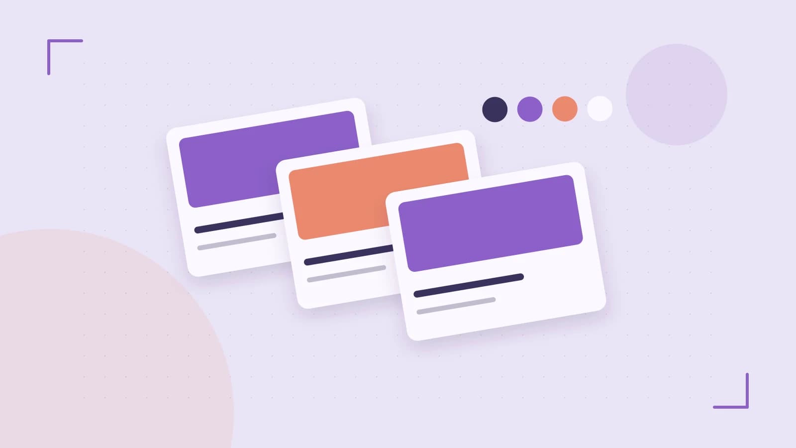 Editorial illustration of responsive browser layouts, overlapping design components and a color system