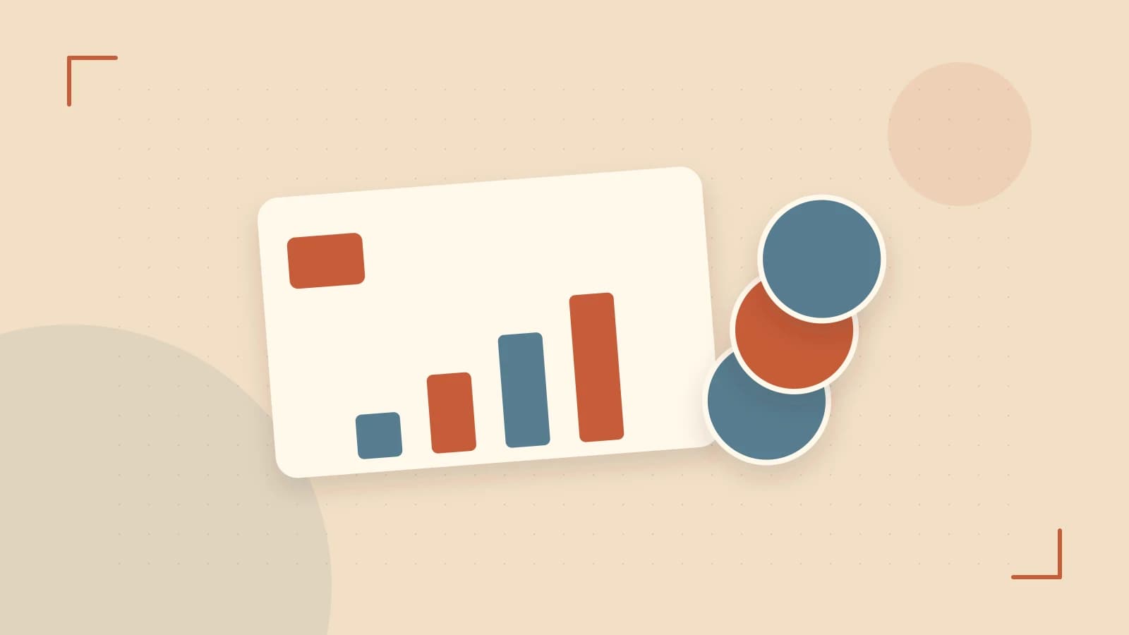 Editorial illustration of abstract coins, a payment card and a geometric financial chart without data labels