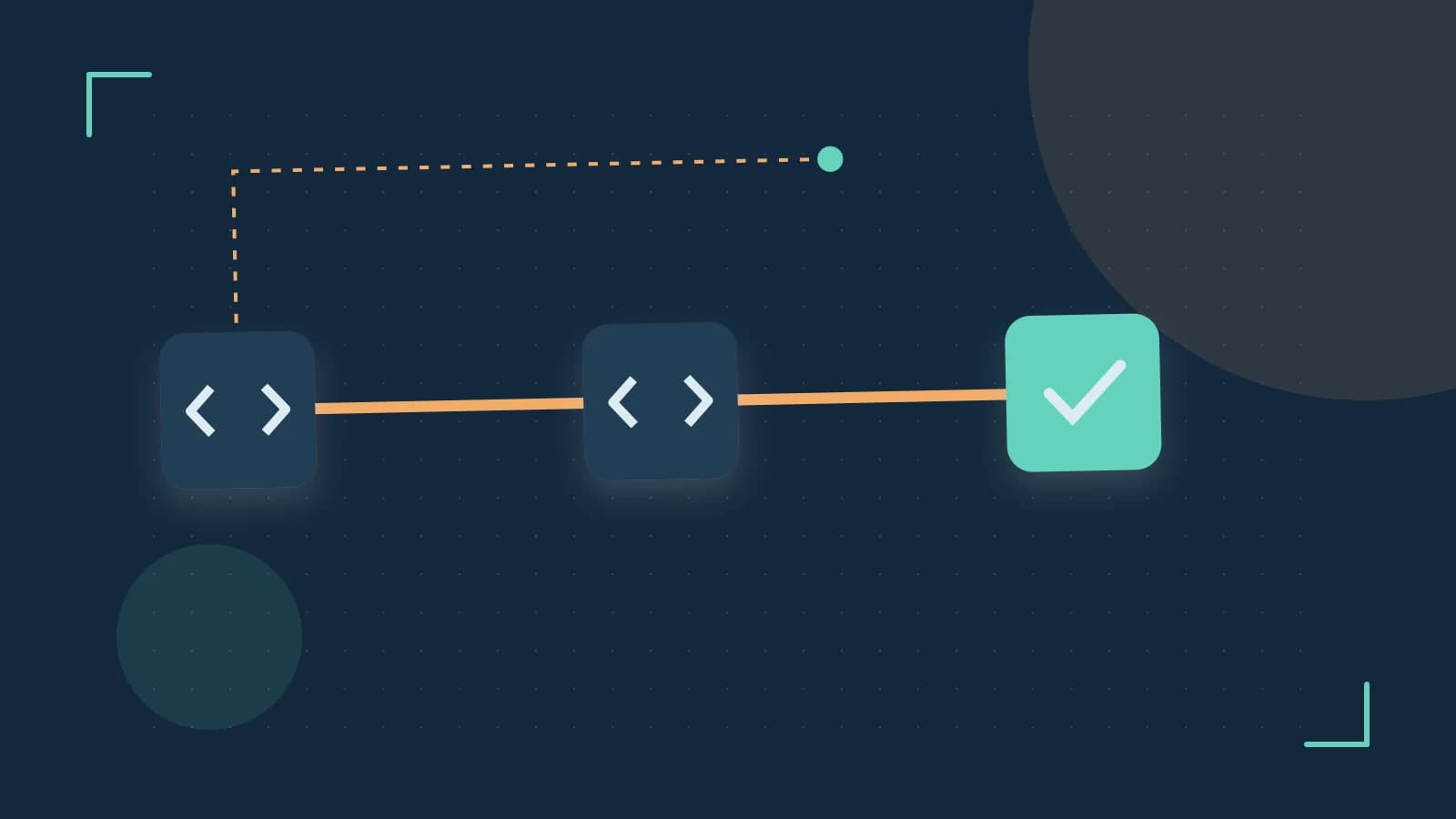 Editorial illustration of a branching build pipeline, staged transformations and a completed check
