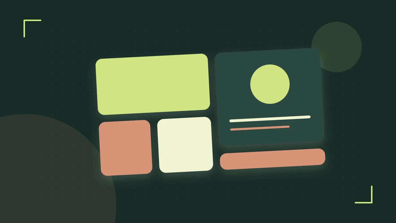 Editorial illustration of responsive browser layouts, overlapping design components and a color system