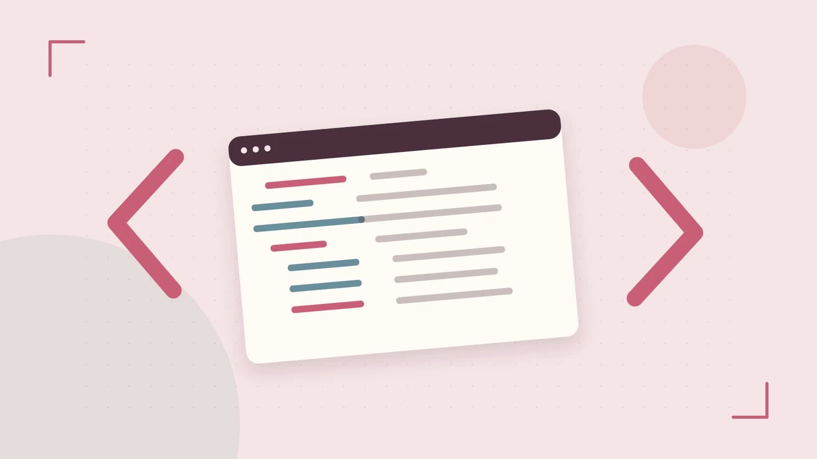 Editorial illustration of an abstract code editor, syntax blocks and oversized programming brackets