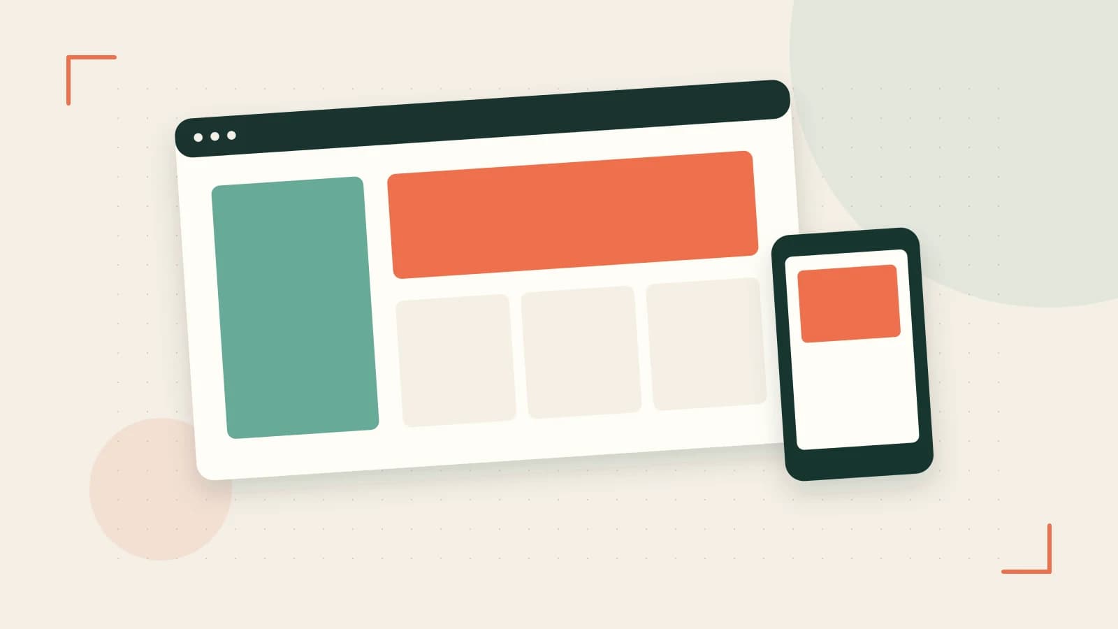 Editorial illustration of responsive browser layouts, overlapping design components and a color system