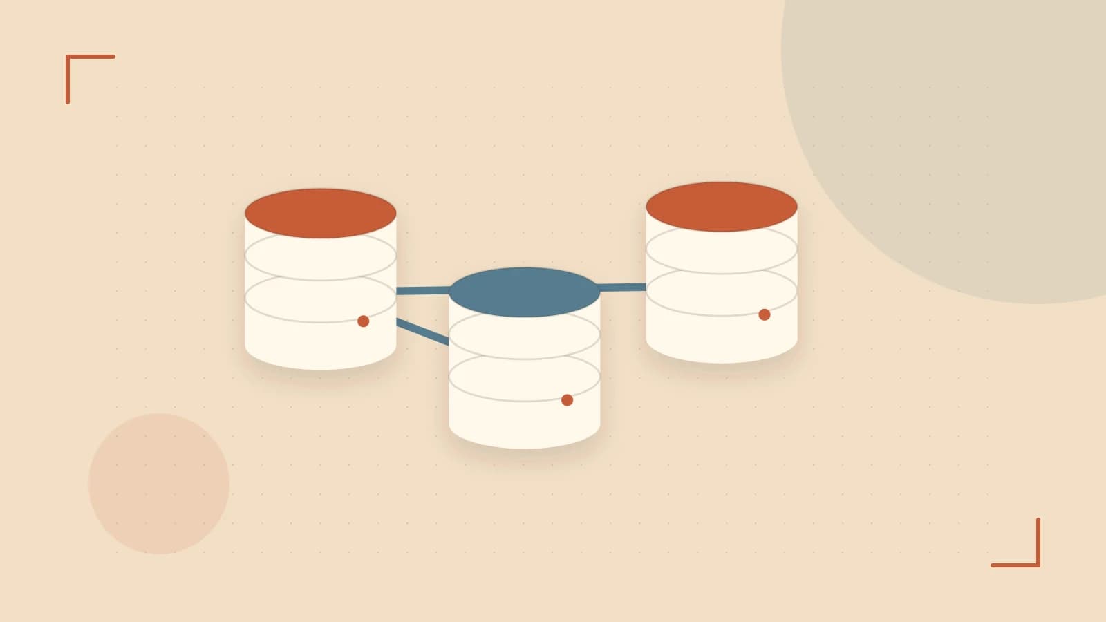Editorial illustration of structured records, database cylinders and relationships between tables