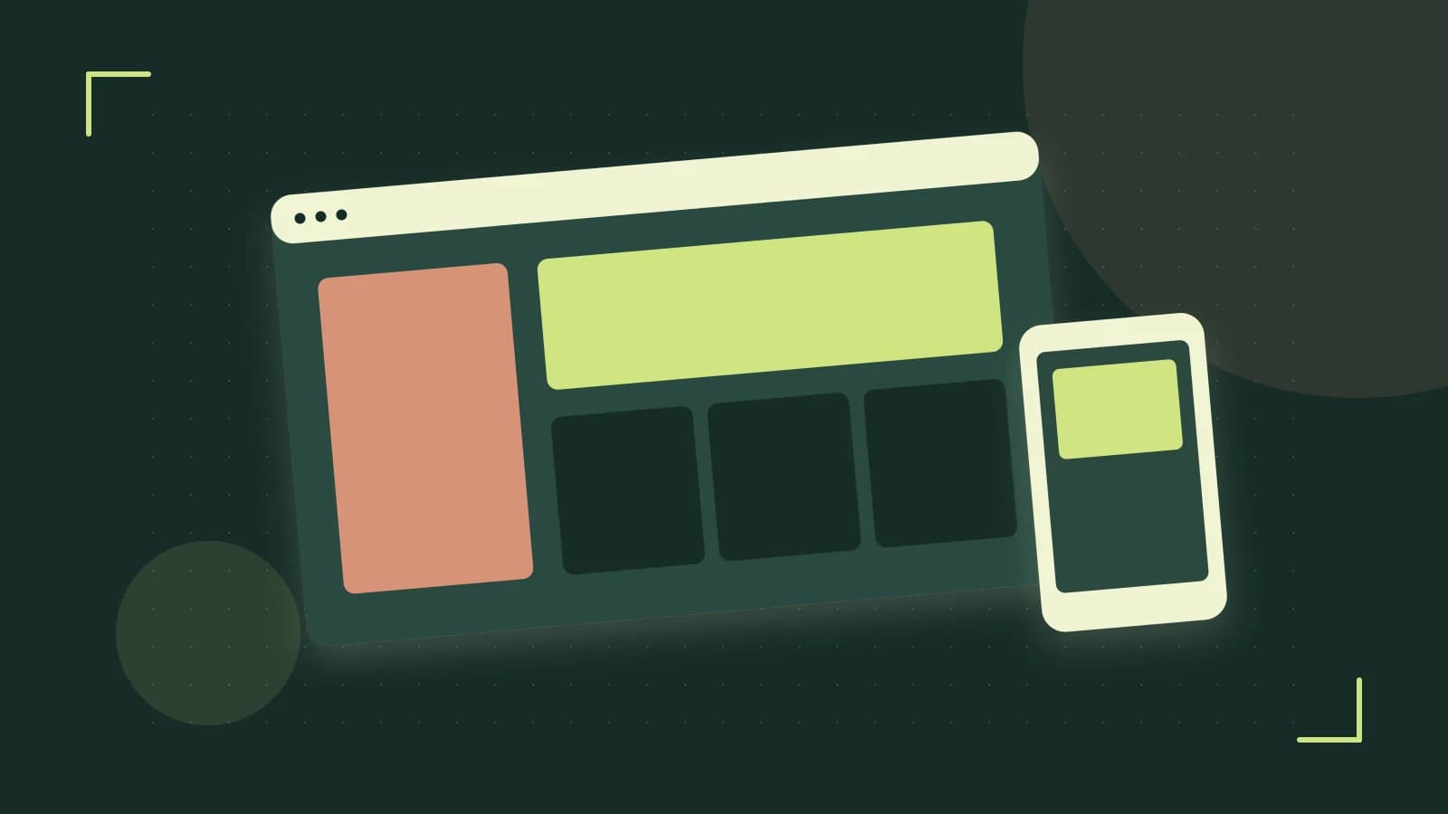 Editorial illustration of responsive browser layouts, overlapping design components and a color system