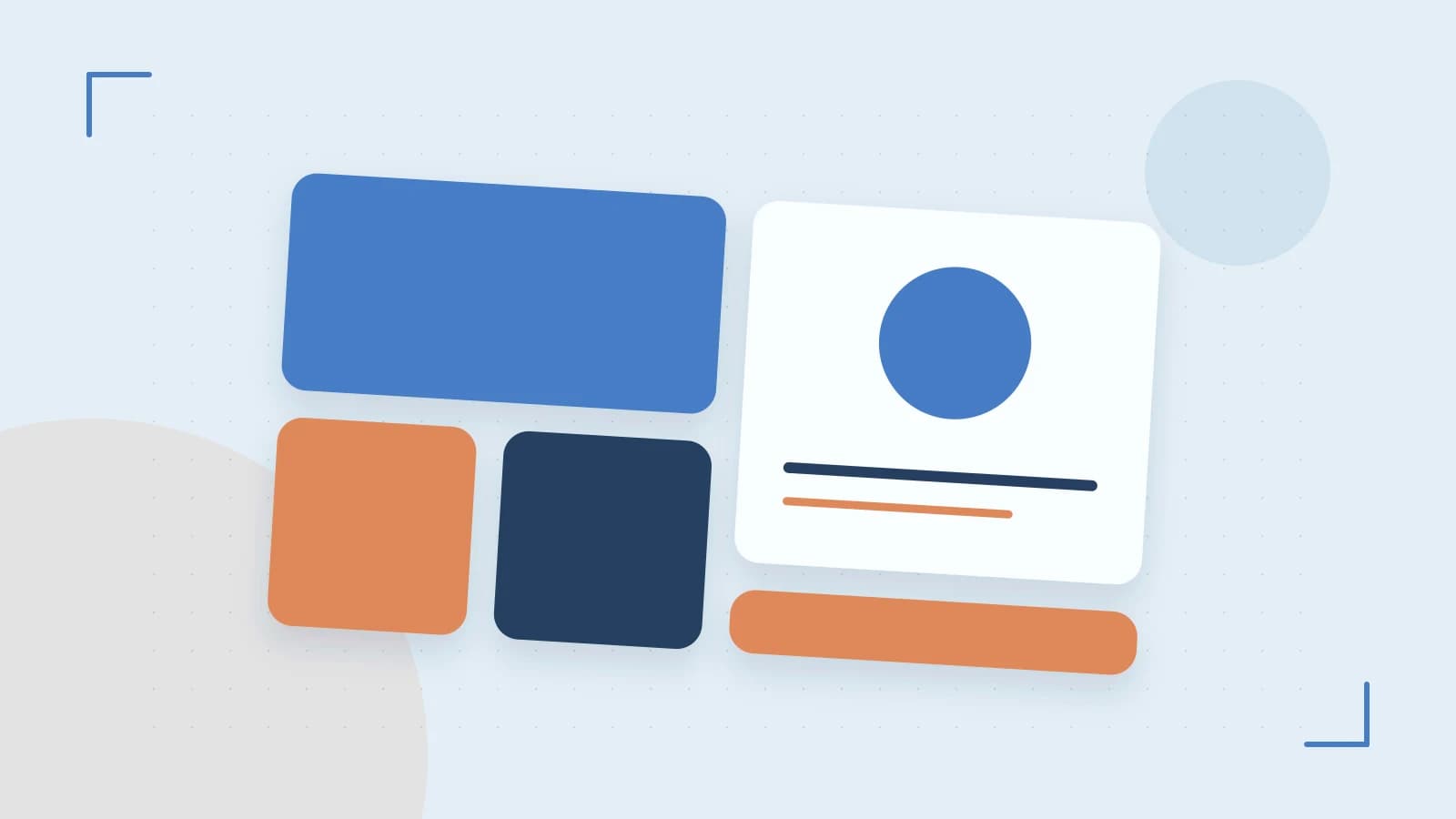 Editorial illustration of responsive browser layouts, overlapping design components and a color system