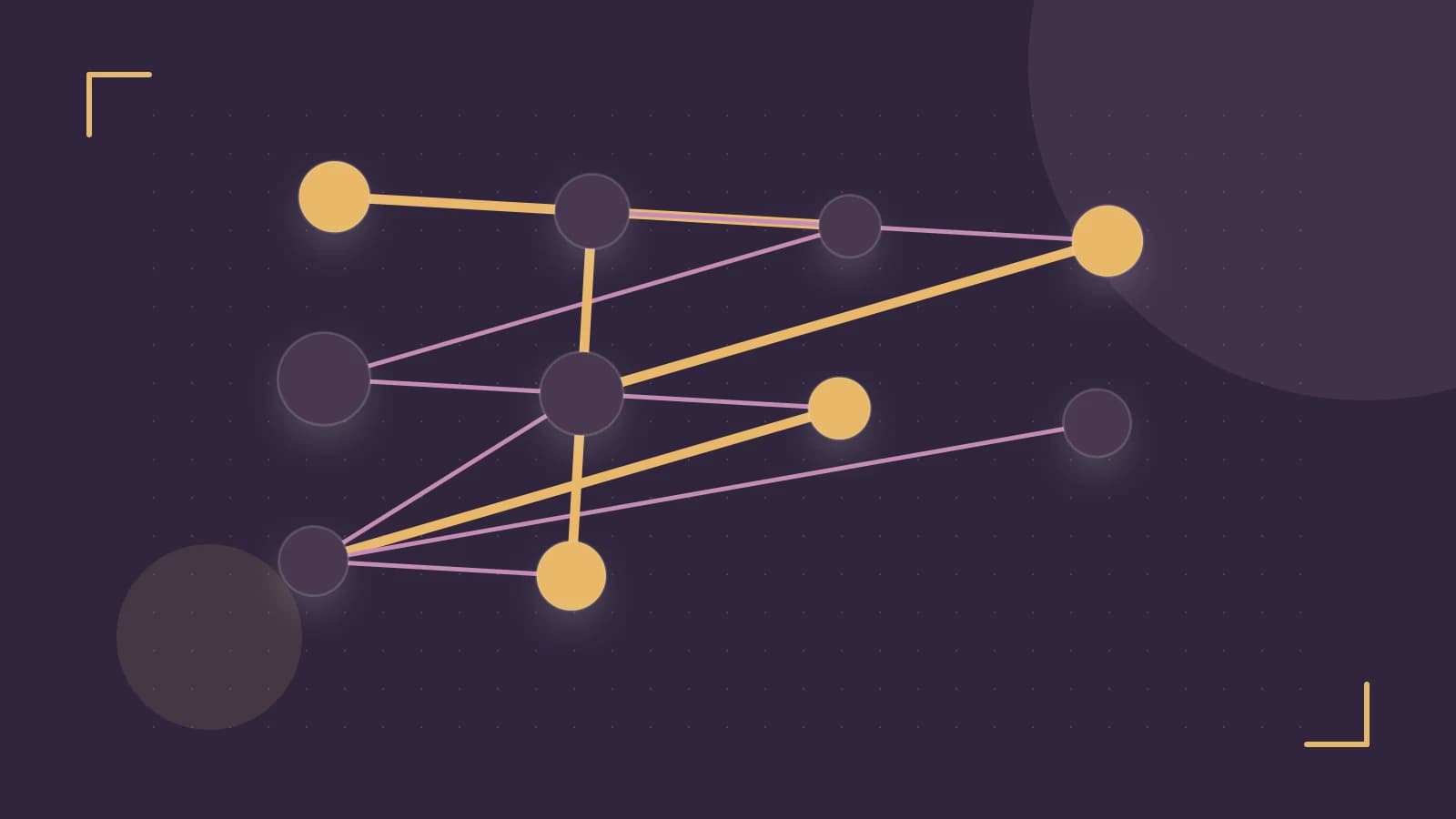 Editorial illustration of an algorithmic node graph with branching paths and a highlighted result