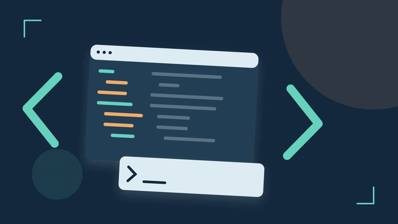 Editorial illustration of an abstract code editor, syntax blocks and oversized programming brackets
