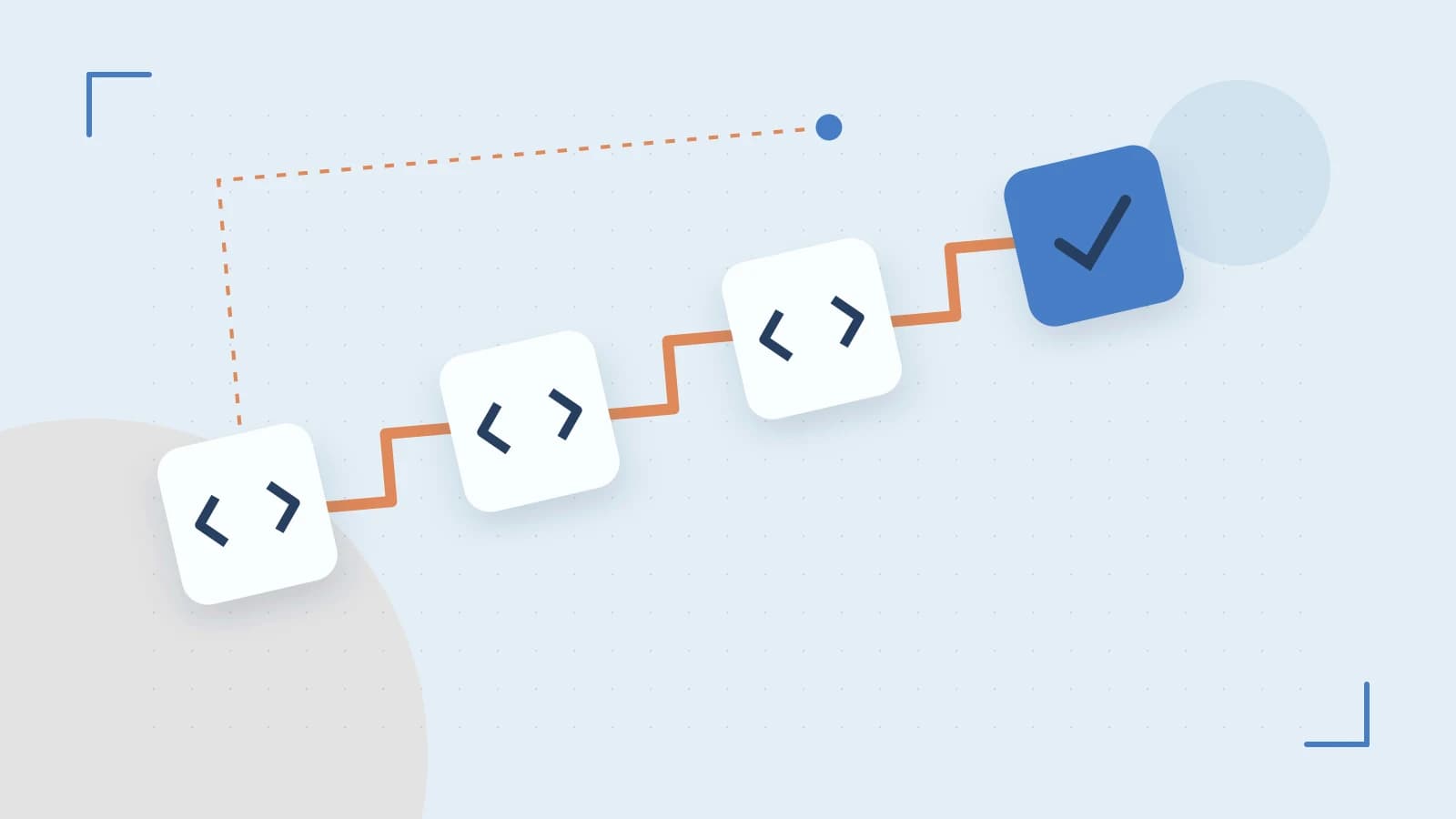 Editorial illustration of a branching build pipeline, staged transformations and a completed check