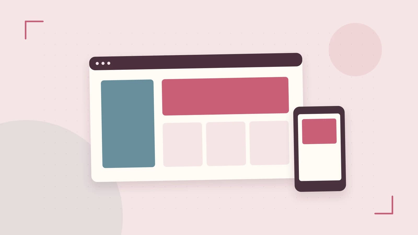 Editorial illustration of responsive browser layouts, overlapping design components and a color system