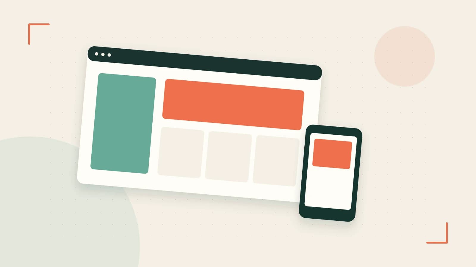 Editorial illustration of responsive browser layouts, overlapping design components and a color system