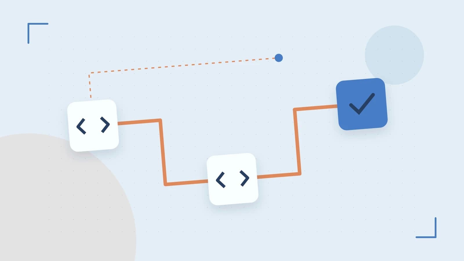 Editorial illustration of a branching build pipeline, staged transformations and a completed check