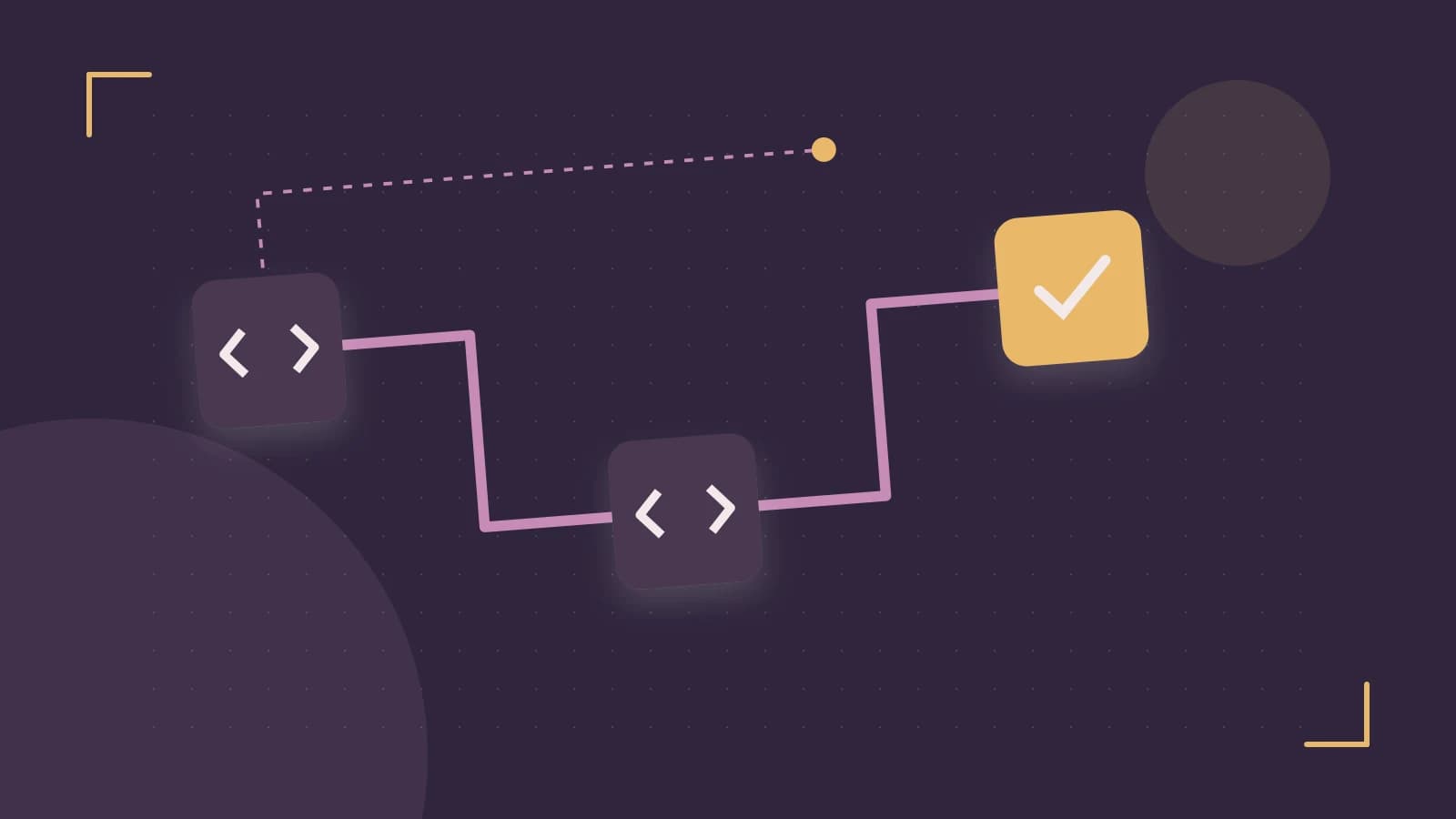 Editorial illustration of a branching build pipeline, staged transformations and a completed check