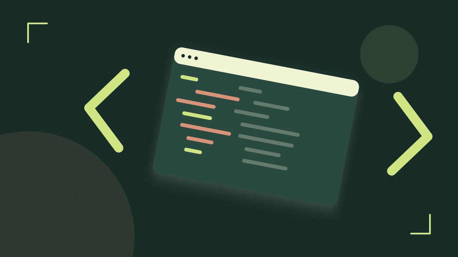 Editorial illustration of an abstract code editor, syntax blocks and oversized programming brackets