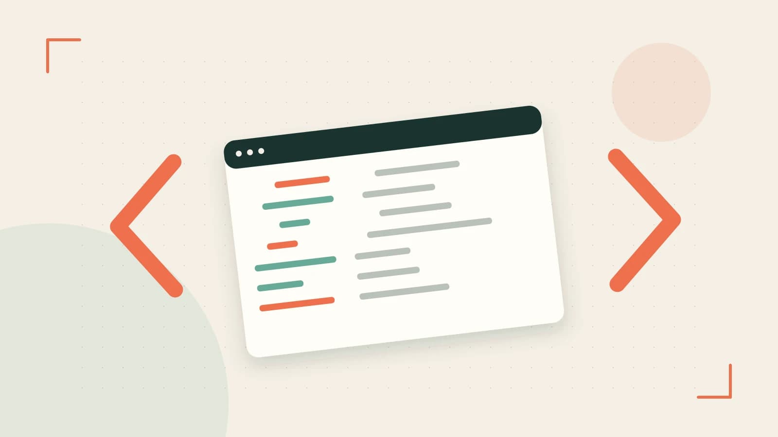 Editorial illustration of an abstract code editor, syntax blocks and oversized programming brackets