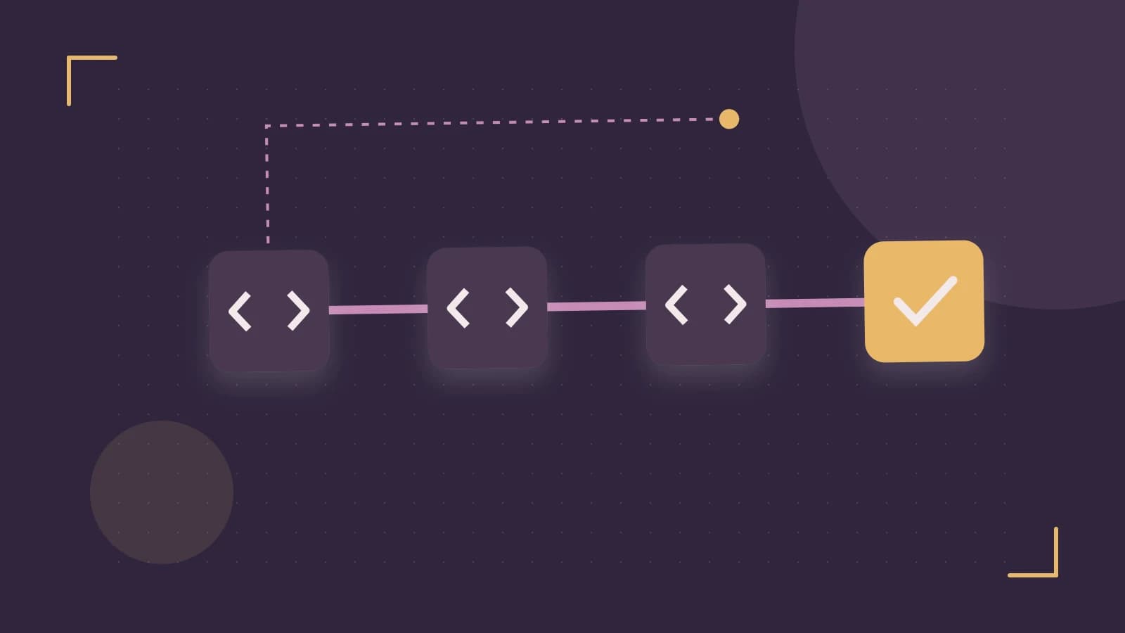 Editorial illustration of a branching build pipeline, staged transformations and a completed check