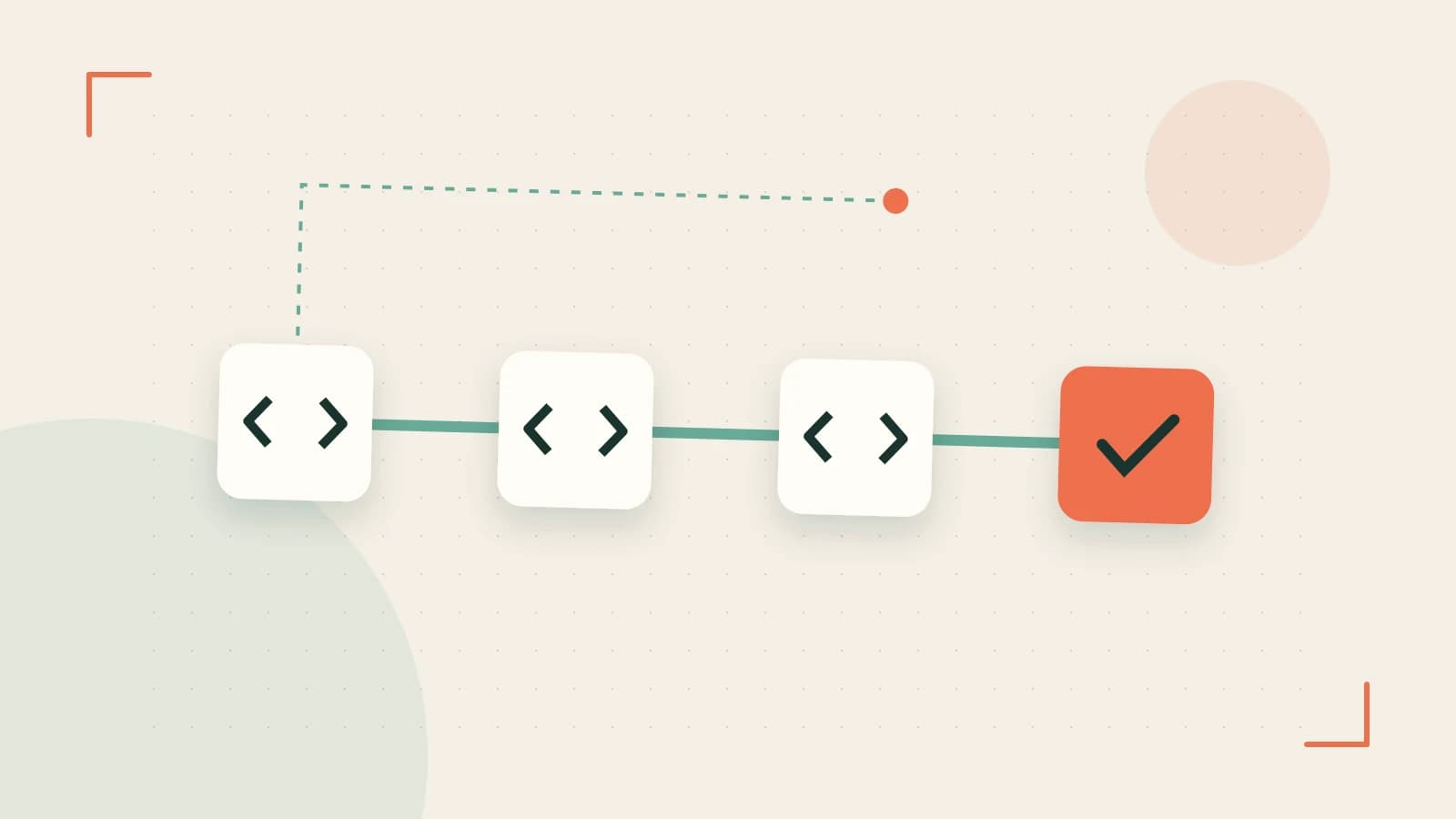 Editorial illustration of a branching build pipeline, staged transformations and a completed check