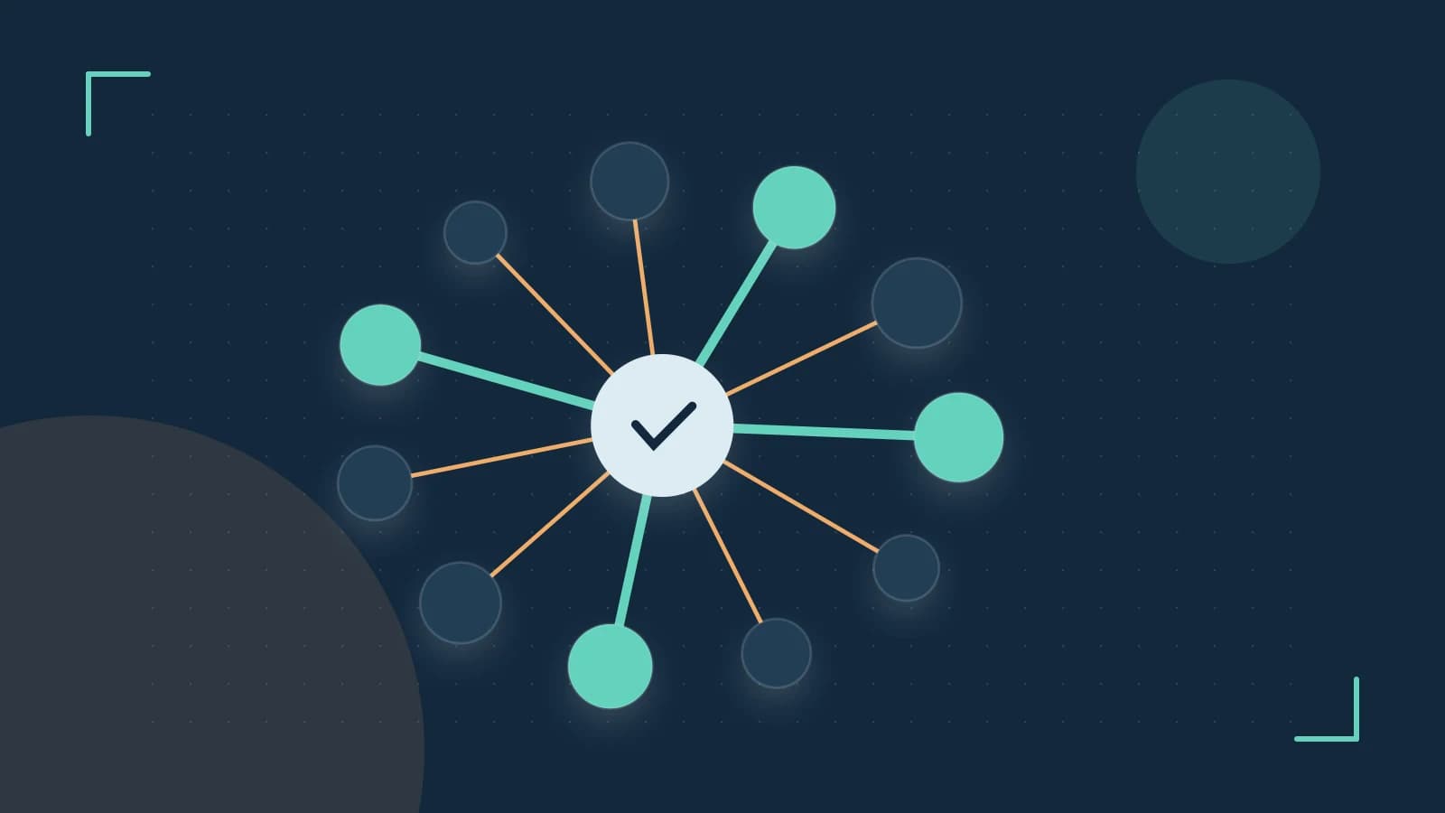 Editorial illustration of an algorithmic node graph with branching paths and a highlighted result