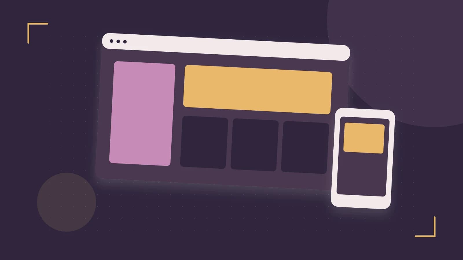 Editorial illustration of responsive browser layouts, overlapping design components and a color system